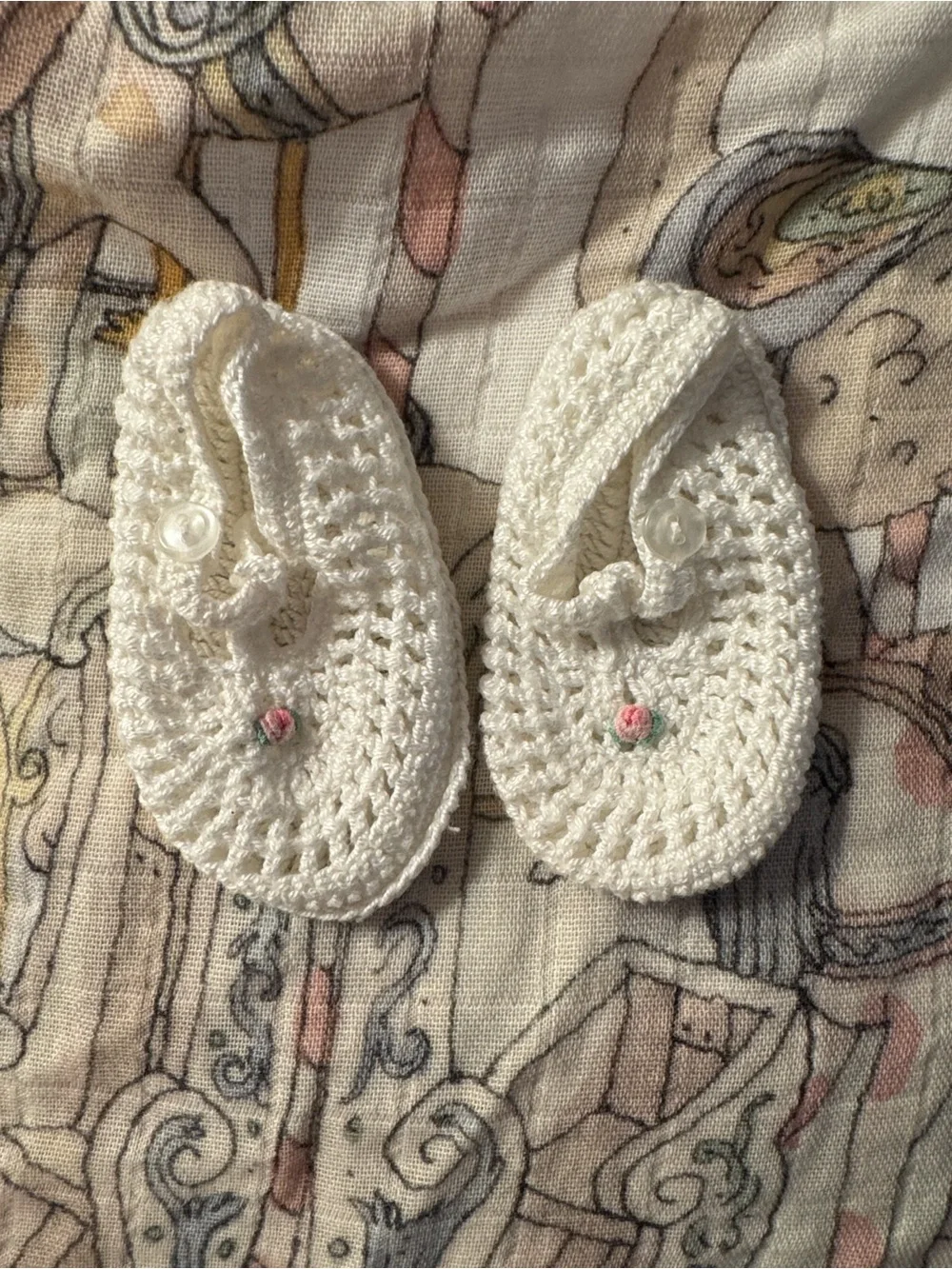 White Crochet Baby Mary Janes with Tiny Pink Rose